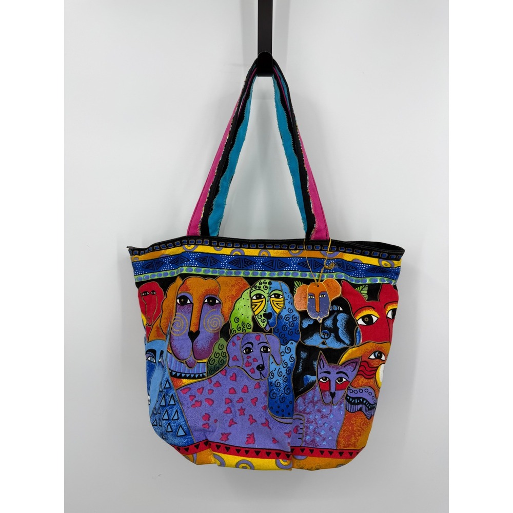 Laurel Burch Dog & Cat Pop Art Tote Bag Womens Large Multicolor Beaded Strap